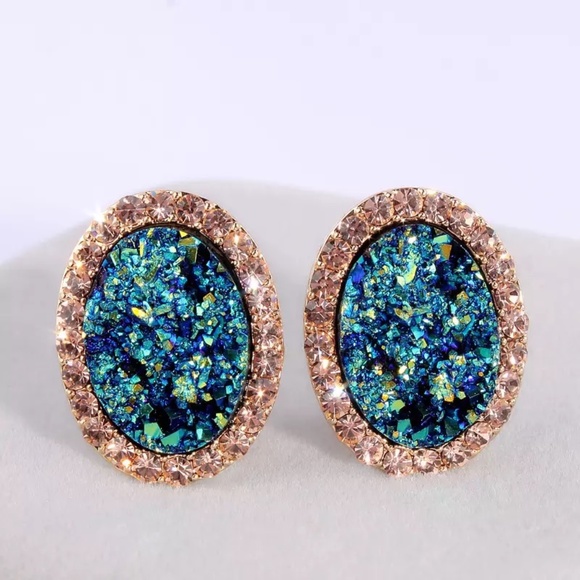 Oval Blue Druzy Cubic Zirconia Round Gold Earrings - Picture 1 of 8